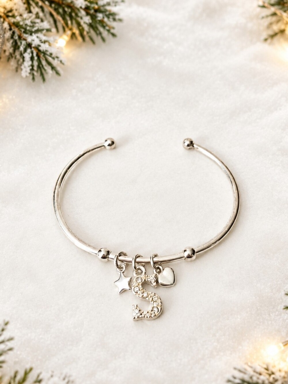 Avon S Initial Charm Bracelet Silver Tone Open Cuff Star Heart Rhinestone New